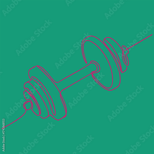 Minimalist line art of a vintage dumbbell with weights and a handle, on a vibrant teal for fitness or gym themes