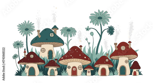Enchanting mushroom village nestled among whimsical flowers and green grass.