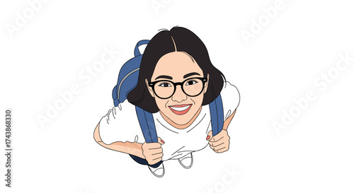 A young woman with short black hair and glasses smiles widely while looking up and holding onto the straps of her blue backpack.