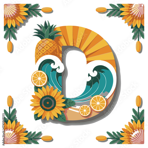 Quilled letter d decorated with tropical summer elements including pineapple sunflowers oranges and waves