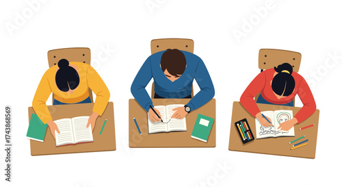Students diligently studying and working at their desks in a classroom environment.