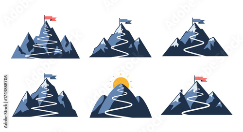 Illustration of mountain peaks with winding paths leading to flags at the summit and a rising sun.