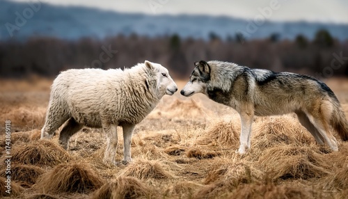 gray wolf and white sheep face off in dry field tense eye contact and aggressive posture suggest predator prey confrontation in nature