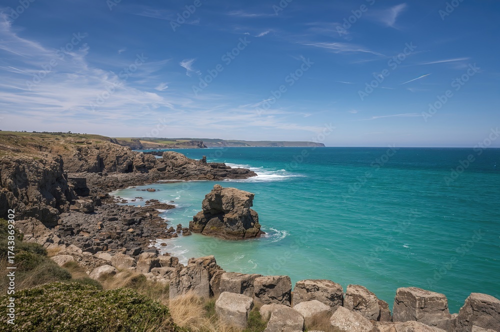 Fototapeta premium Upright perspective of towering stone structures above a vibrant blue ocean