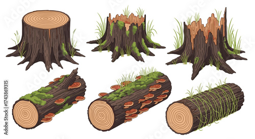 Set of weathered tree stumps and mossy logs in a forest setting.
