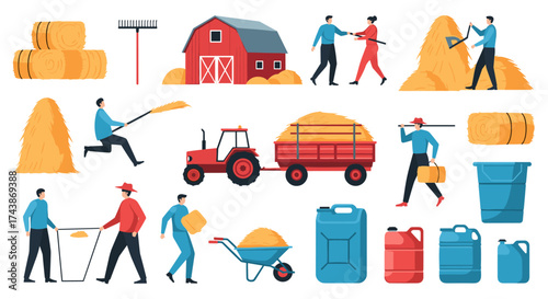 Farmers working together to harvest and store crops during the autumn season.