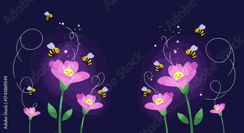 Charming bees flitting around glowing pink flowers with whimsical swirling trails on a dark blue background.