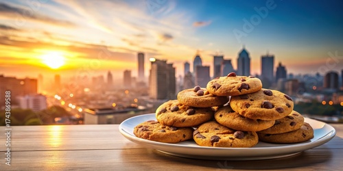 A plate of warm chocolate chip cookies placed in front of a modern city skyline at sunset, capturing the contrast between urban and homey settings , urban landscape, city view