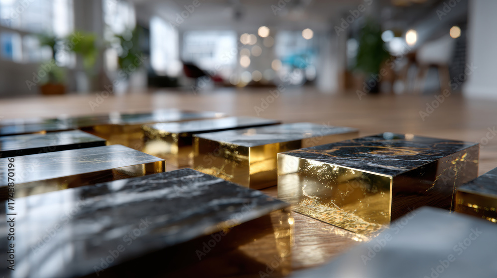 Obraz premium An artistic arrangement of polished black and golden blocks on a wooden floor creates a visually appealing abstract display that invites curiosity and reflection.