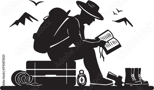Silhouette of hiker reading a book with camping gear