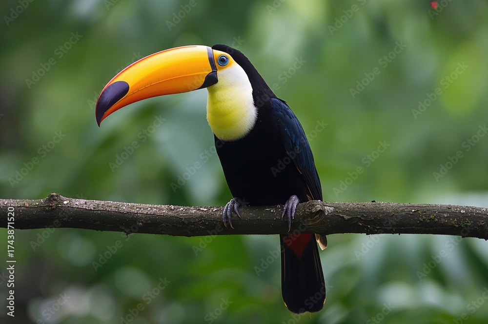 Fototapeta premium Exploring wildlife in tropical forests: Keel-billed Toucan perched on a branch
