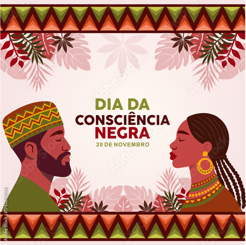 Dia da Consciencia Negra banner with couple. Translation Black Awareness Day. Dia da Consciencia Negra illustration in flat design. Great for posters, banners, cards and social media.