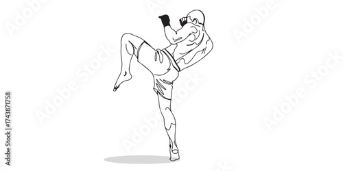 Minimal line art of a Muay Thai fighter performing a knee strike. Minimalist outline showing power, strength, and traditional martial arts movement. Thai culture, and combat training concepts.
