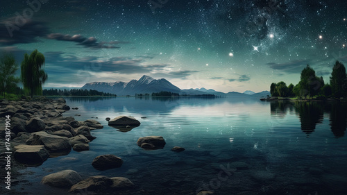 Peaceful Night by the Lake with Starry Sky