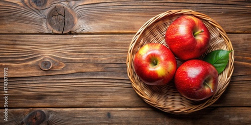 Top view of two ripe red apples in a basket on a wooden table, wood, fruit bowl,  wood, fruit bowl, nature, kitchen, autumn