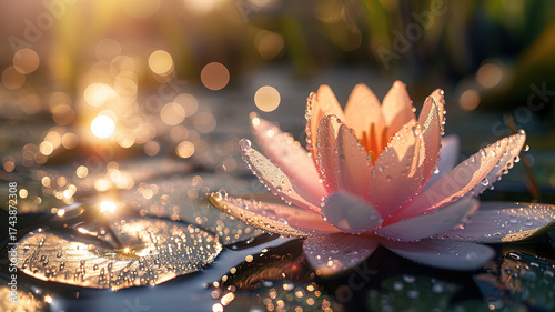 a delicate pink lotus flower, emerging from the still waters of a pond. Tranquil Reflection of a Lotus Bloom