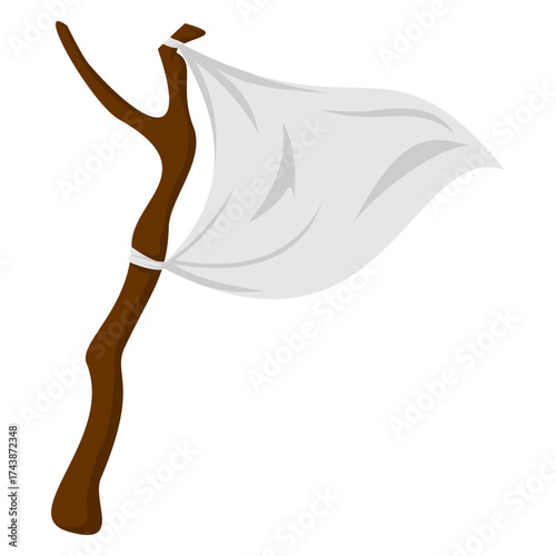 White Flag on Wooden Stick Vector Illustration Isolated on White Background, Flat Peace Symbol, Surrender Sign, Simple Banner or Cloth Flag Icon for Game, Cartoon, and Graphic Design