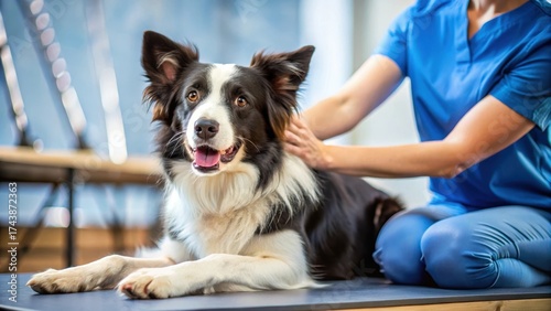 Border Collie dog receiving gentle massage from a canine physical therapist during a therapy session, dog wellness, animal relaxation