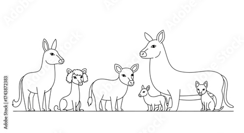 Line drawing featuring various animals, including a donkey, dog, and deer, standing together.