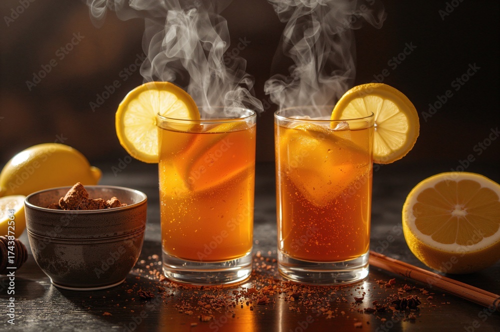 Fototapeta premium Two Cups of Hot Lemon Tea with Spices to Warm You Up on a Chilly Day