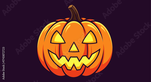 Cartoon illustration of a grinning jack-o'-lantern with glowing eyes and mouth on a dark purple background.