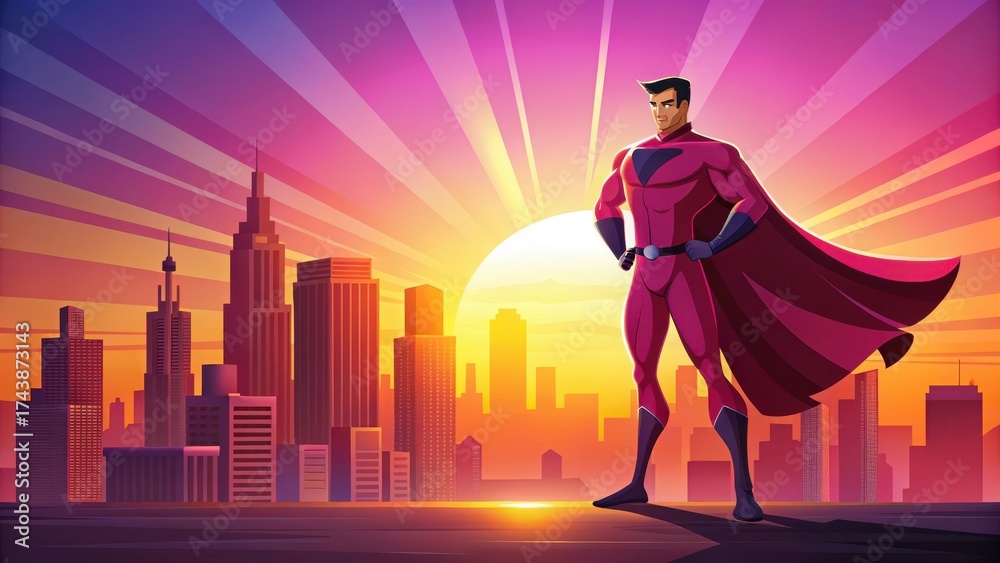 Naklejka premium A cartoon superhero standing heroically on a bright pink background with a cityscape at sunset, superhero logo, cartoon style