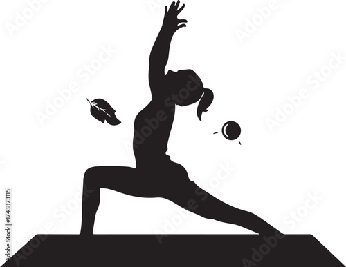 Woman in warrior yoga pose on mat with leaf and bubble