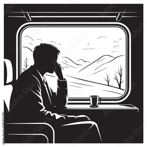 Silhouette of a thoughtful person gazing out a train window at a vast winter landscape with snow covered mountains and bare trees