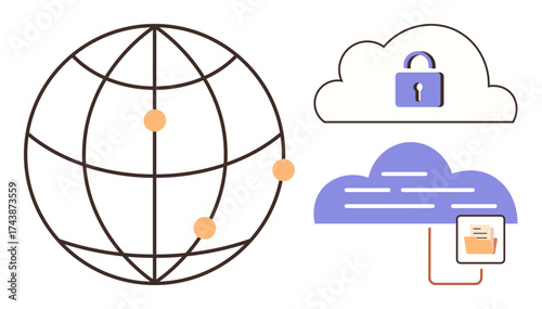 Globe network connecting points alongside secured cloud with lock and second cloud enabling data transfer. Ideal for cybersecurity, cloud computing, networking, data encryption, global access