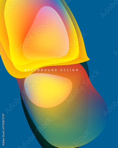 Abstract vibrant shapes overlap. Gradient colors blend, creating dynamic visual effect. Blue background complements warm tones.