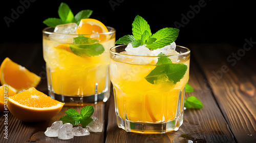 Chilled Orange Drink with Mint on Wooden Table
