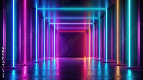 Glowing neon lights illuminate a dark background