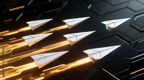 Paper Airplanes Soaring Through a Digital Network with Glowing Energy Lines
