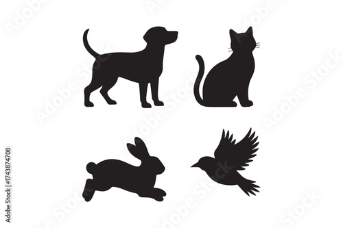 Silhouettes of a dog cat rabbit and bird