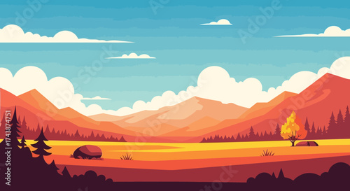 A vibrant illustration of a scenic landscape with mountains, trees, and a colorful sky.