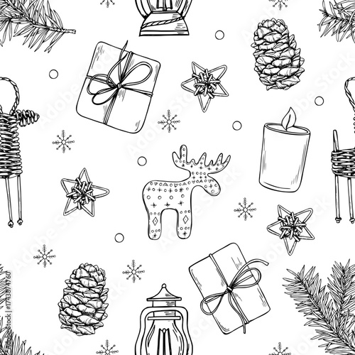 Vector seamless pattern with winter Xmas decor in Scandinavian style. Yule traditional wooden animals, gifts, pine branches, lantern, candles ornate. Xmas graphic sketch for Nordic holiday decor