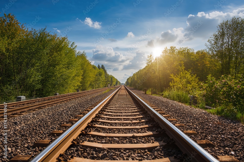 Fototapeta premium Railway lines surrounded by lush greenery under a bright sky with sunlight glimmering, symbolizing travel and movement in warm seasons.