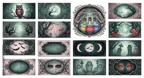 Midnight Gothic Enchantments – vintage Halloween watercolor label set with mystical charm, eerie elegance, retro spooky designs, perfect for junk journals and crafts