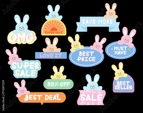 Cute bunny sale icons such as final call, best price, super sale, 50% off for easter, online shopping, promotion, sticker, banner, discount, web button, campaign, brochure, price tag, animal, pet shop