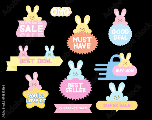 Cute bunny sale icons such as must have, good deal, best seller, buy now for easter, online shopping, promotion, sticker, banner, discount, web button, campaign, brochure, price tag, animal, pet shop