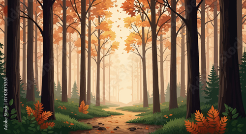 Autumnal forest scene with tall trees, golden leaves falling, and a winding path leading into the distance.