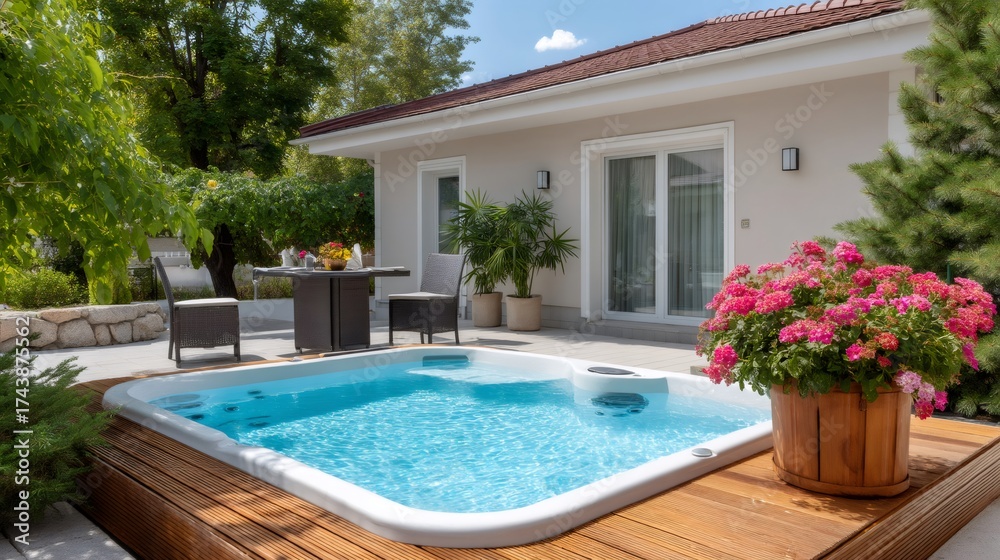 Fototapeta premium Outdoor hot tub and patio area with dining furniture