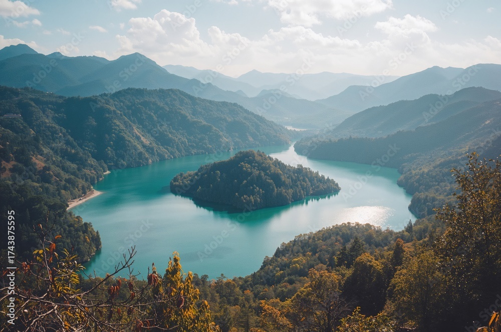Fototapeta premium Morning scenery of a serene mountain lake perfect for nature-themed wallpapers and backgrounds, featuring water, trees, and autumn forest landscapes