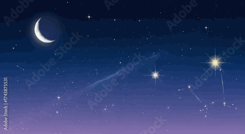 A celestial illustration depicts a crescent moon, stars, and constellations against a dark, gradient sky.