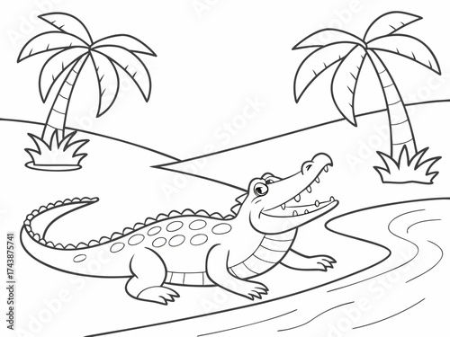 Kids Coloring Page – Cute Cartoon Crocodile Sunbathing on a River Bank