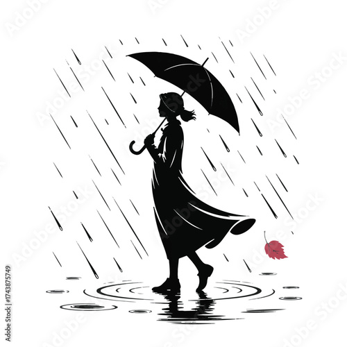 Silhouette of a woman holding a black umbrella walking through heavy rain with a single pink petal blowing past her
