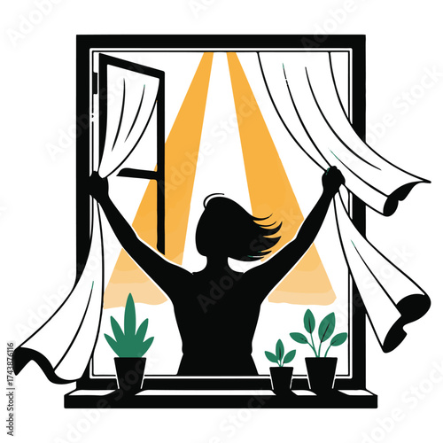 Silhouette of a woman opening curtains to let in bright sunlight and fresh air into a room