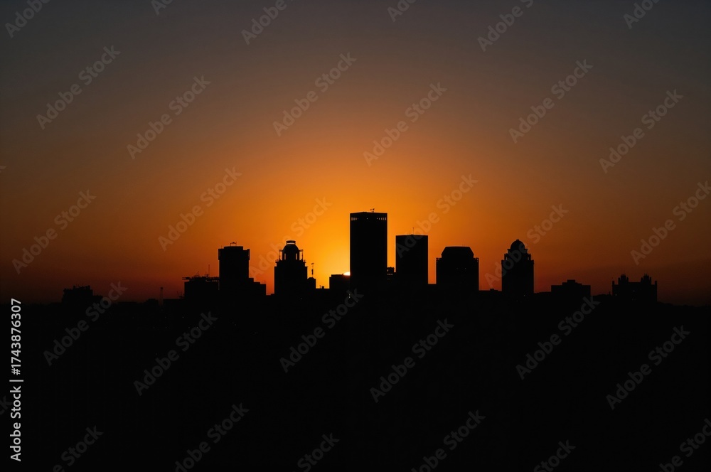 Naklejka premium Silhouette of a city skyline during sunrise