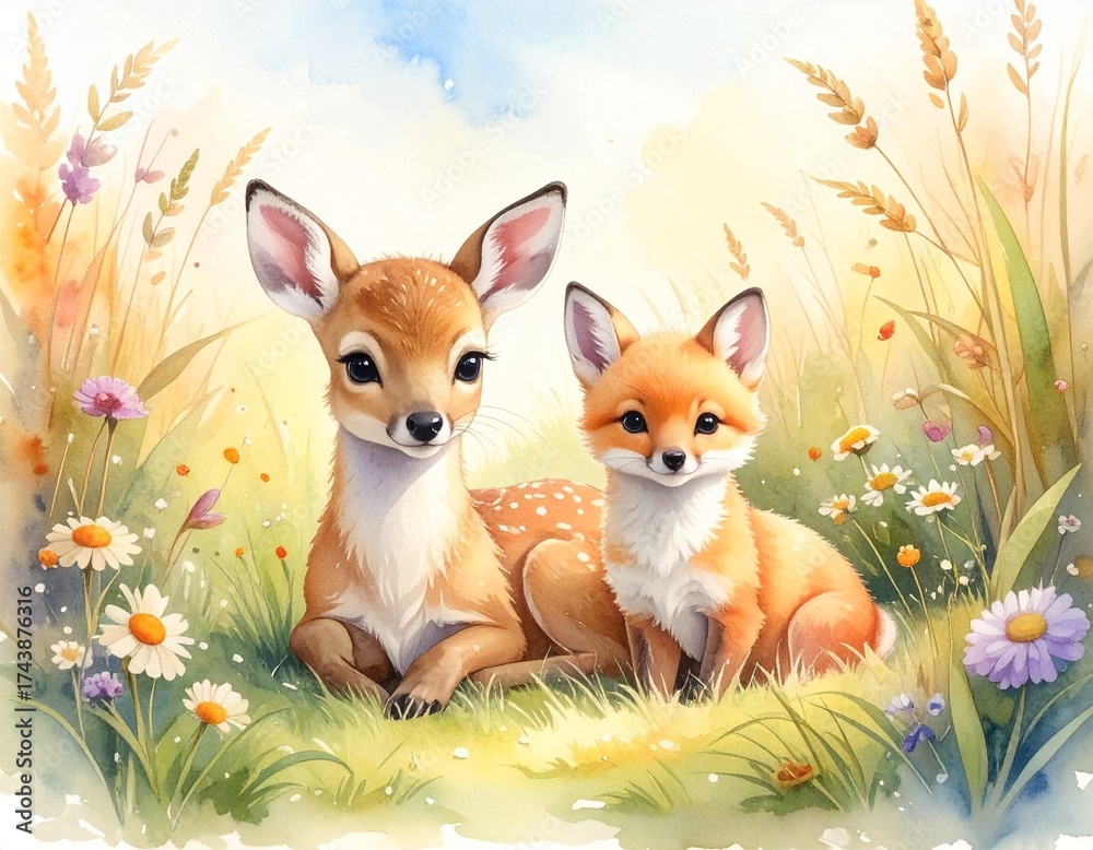 Fototapeta premium Ein junges Rehkitz und ein Fuchsbaby