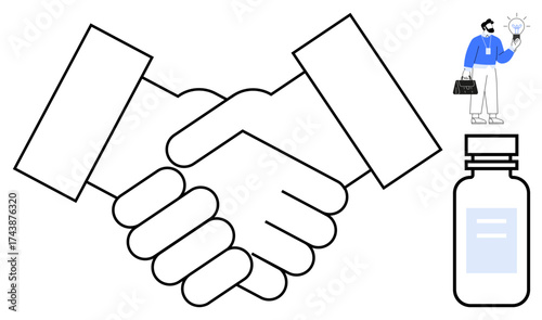 Handshake symbolizing partnership, a professional carrying a lightbulb for innovation, and a product bottle representing development. Ideal for teamwork, innovation, business growth, partnerships